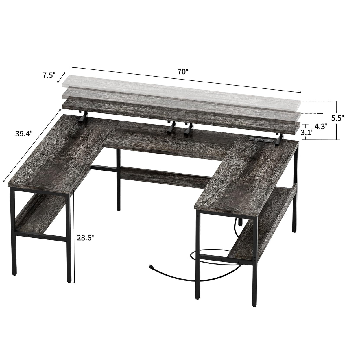 Black Oak U-Shaped Computer Desk with Power Outlets and LED Lights E8200