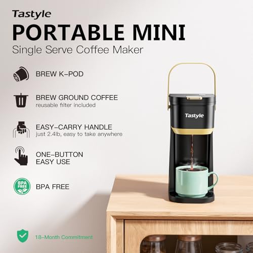 Single Serve Coffee Maker with Portable Handle, 6 to 12 Oz Brew Size, Black and Gold C567