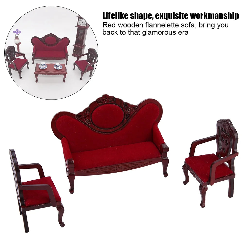 Red Wooden Dollhouse Sofa Chair Set S147