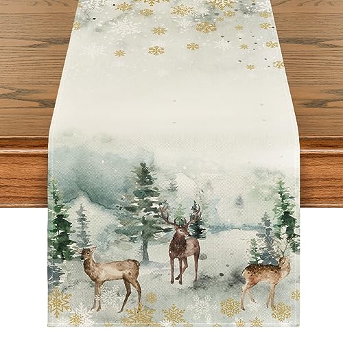 Watercolor Deer Trees Snowflakes Christmas Table Runner 13 x 72 Inch V99051