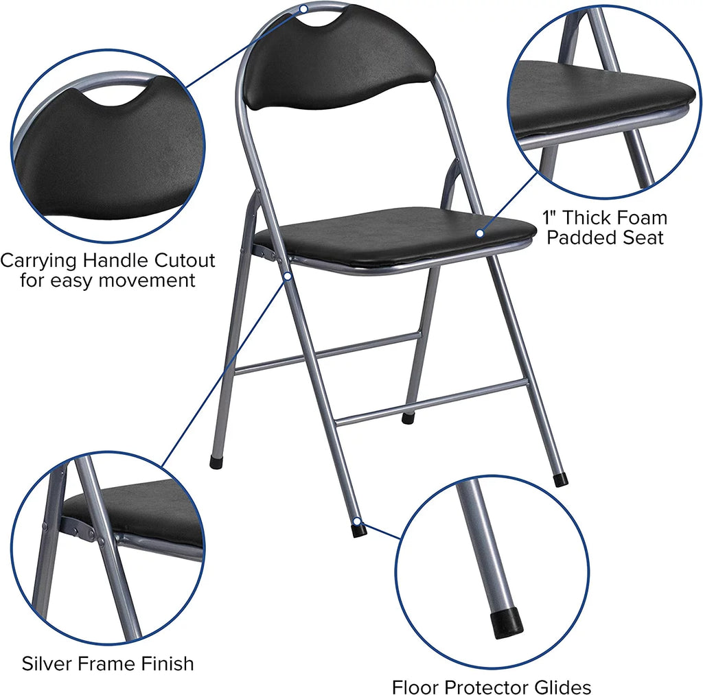 2 Pack Black Vinyl Metal Folding Chair with Carrying Handle L476406