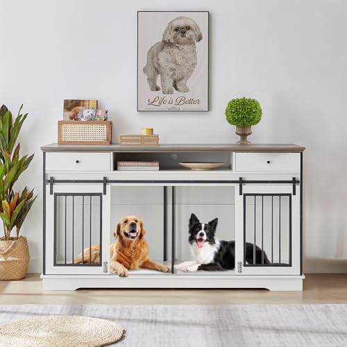 75'' Double Dog Crate Furniture with Double Door Grey P8357