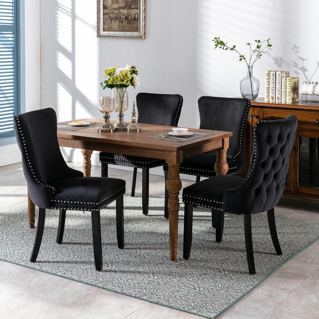 Black Velvet Upholstered Dining Chairs Set of 2 Solid Wood Wing Back Accent Chairs H29852