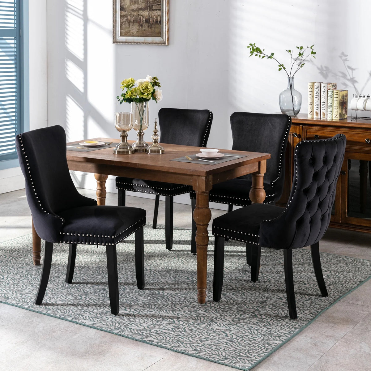 Black Velvet Upholstered Dining Chairs Set of 2 Solid Wood Wing Back Accent Chairs H29852