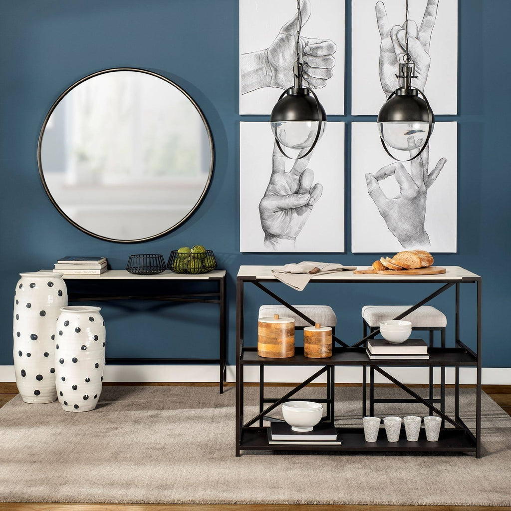 White Marble Top Black Metal Frame Console Table D306