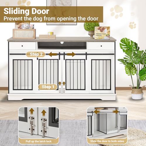 75'' Double Dog Crate Furniture with Double Door Grey P8357