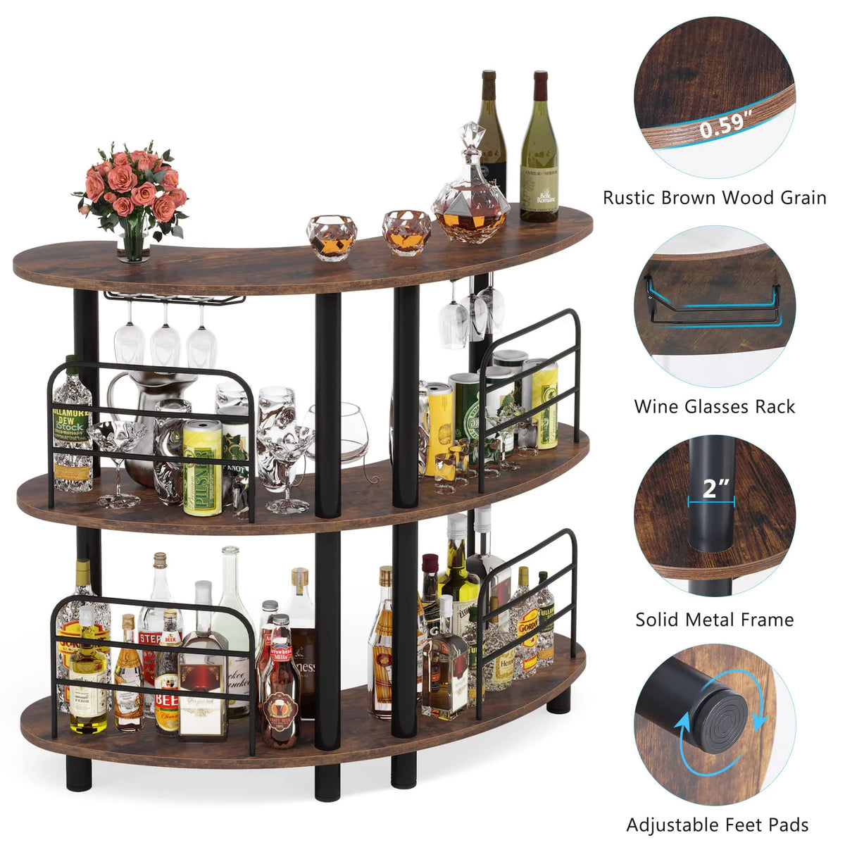 Rustic Brown 3 Tier Wine Bar Cabinet with Storage Shelves Z33553