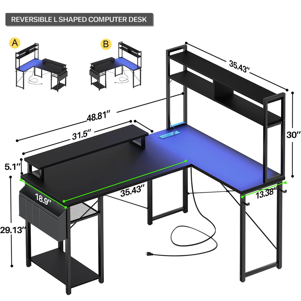 L Shaped Computer Desk with Power Outlets & LED Lights Y340397