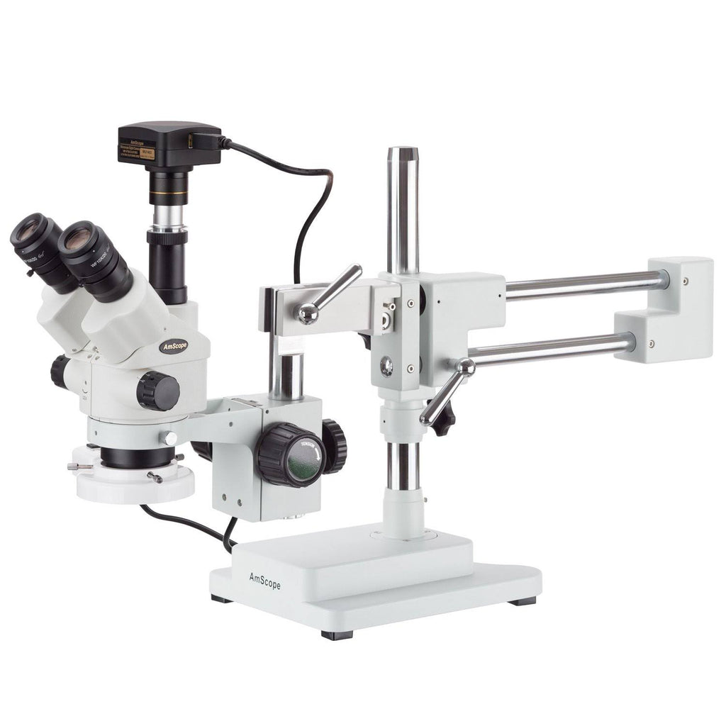 7X-45X Simul-Focal Stereo Zoom Microscope on Boom Stand with Fluorescent Light and 5MP USB3 Camera I8106