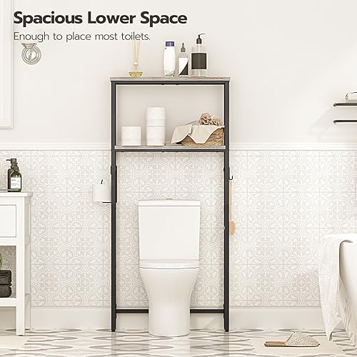 Greige and Black 2-Tier Over The Toilet Storage Shelf with Toilet Paper Holder and Hooks H431587