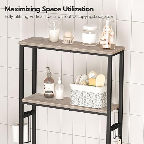 Greige and Black 2-Tier Over The Toilet Storage Shelf with Toilet Paper Holder and Hooks H431587