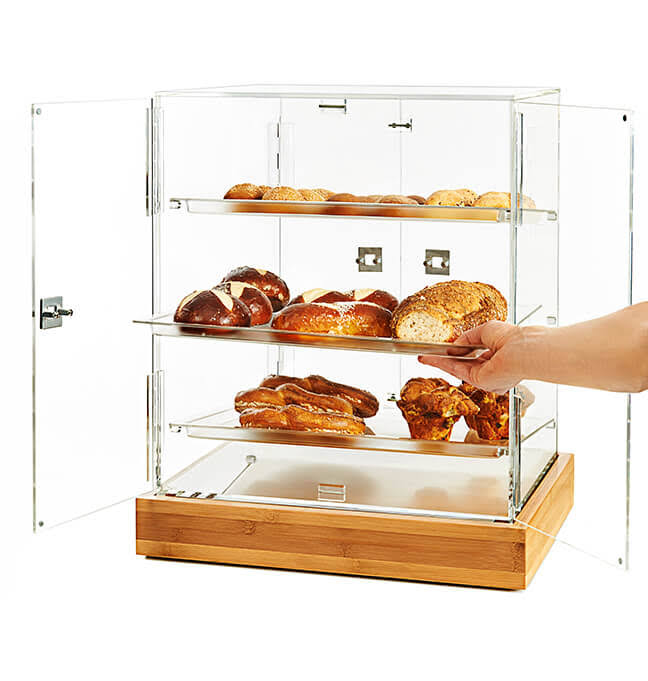 Small 2 Door Cabinet with Frosted Trays and Bamboo Base A20930