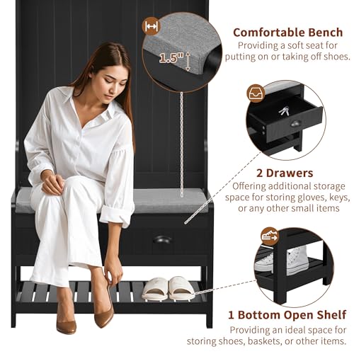 60 Inch Black Hall Tree with Bench and Shoe Storage R674