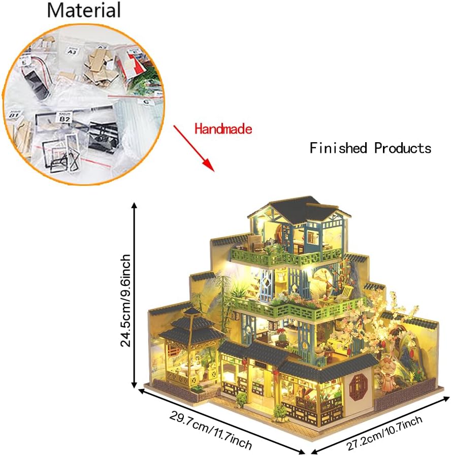 Miniature Three-Storey Villa Dolls House, Wooden Furniture, DIY Dollhouse Kit with LED B66689