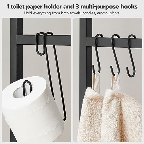 Greige and Black 2-Tier Over The Toilet Storage Shelf with Toilet Paper Holder and Hooks H431587