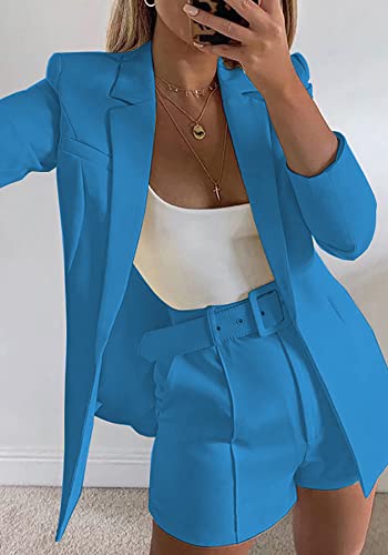 2 Piece Long Sleeve Open Front Blazer Short Suits with Belt D4874