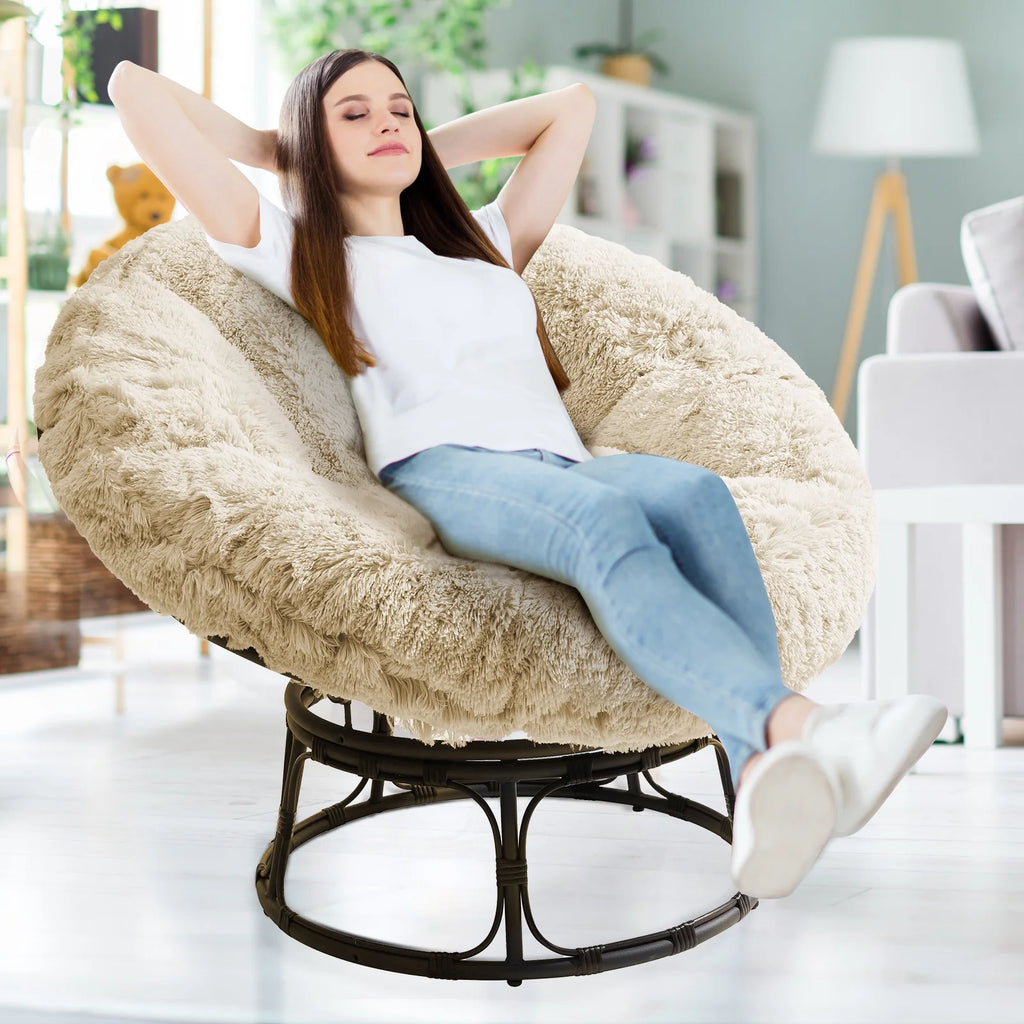 White 48X48 Inch Papasan Chair Cushion with Faux Fur Cover V4901