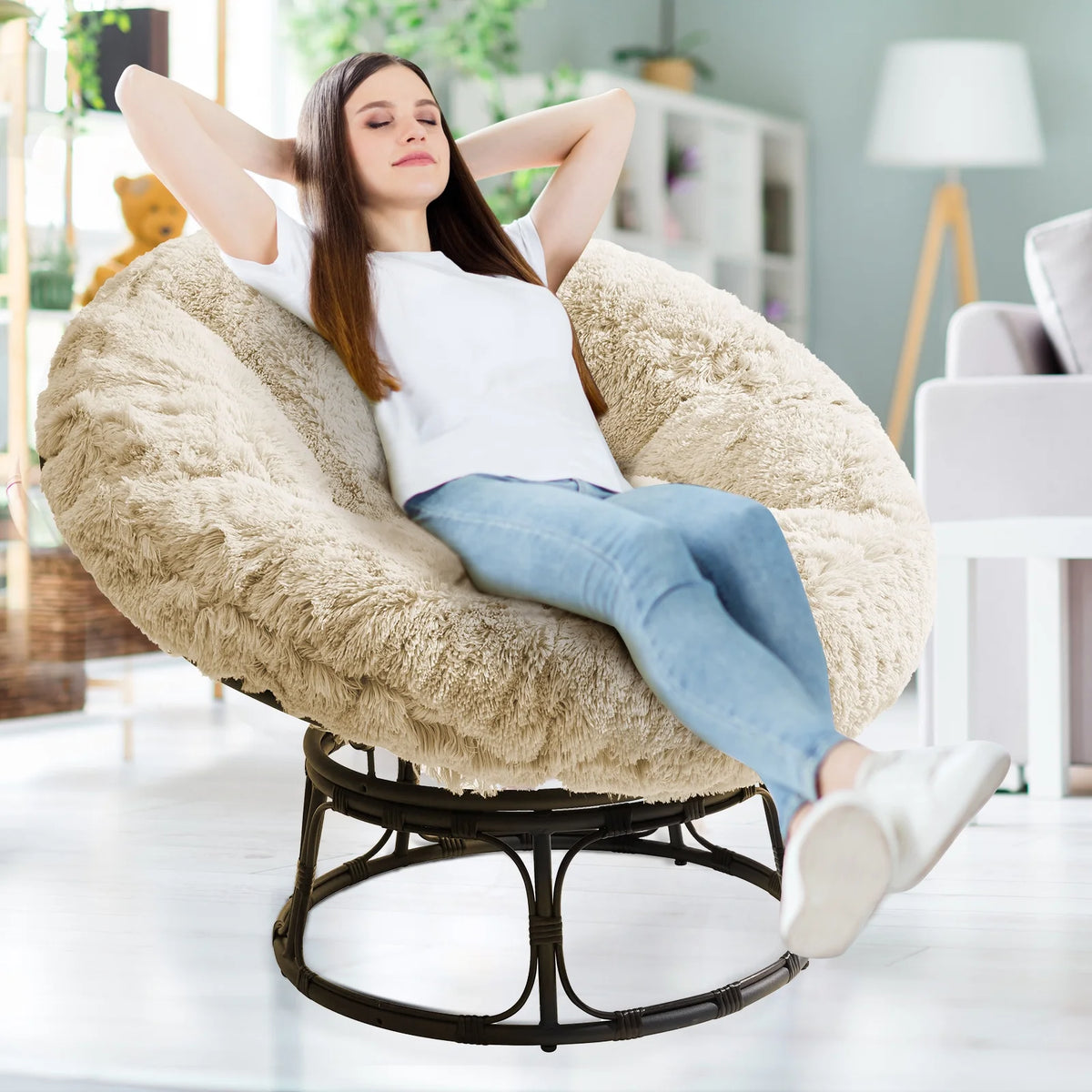 White 48X48 Inch Papasan Chair Cushion with Faux Fur Cover V4901