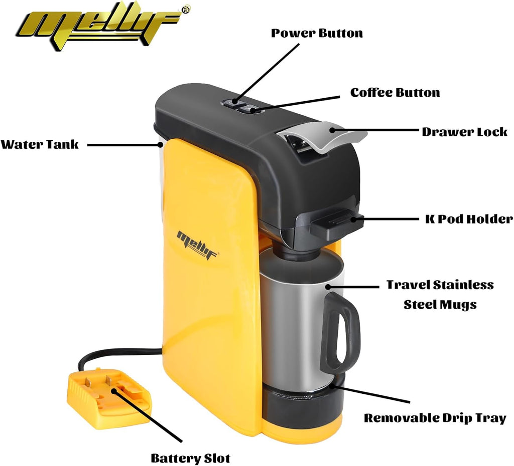 Cordless Coffee Maker for Dewalt 20V Max Battery, Portable Single-Serve Brewer for K-Cup Pods and Ground Coffee E9093
