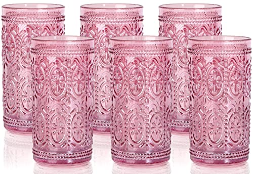 6 Pack Pink 12oz Highball Embossed Beverage Glass Cup G420