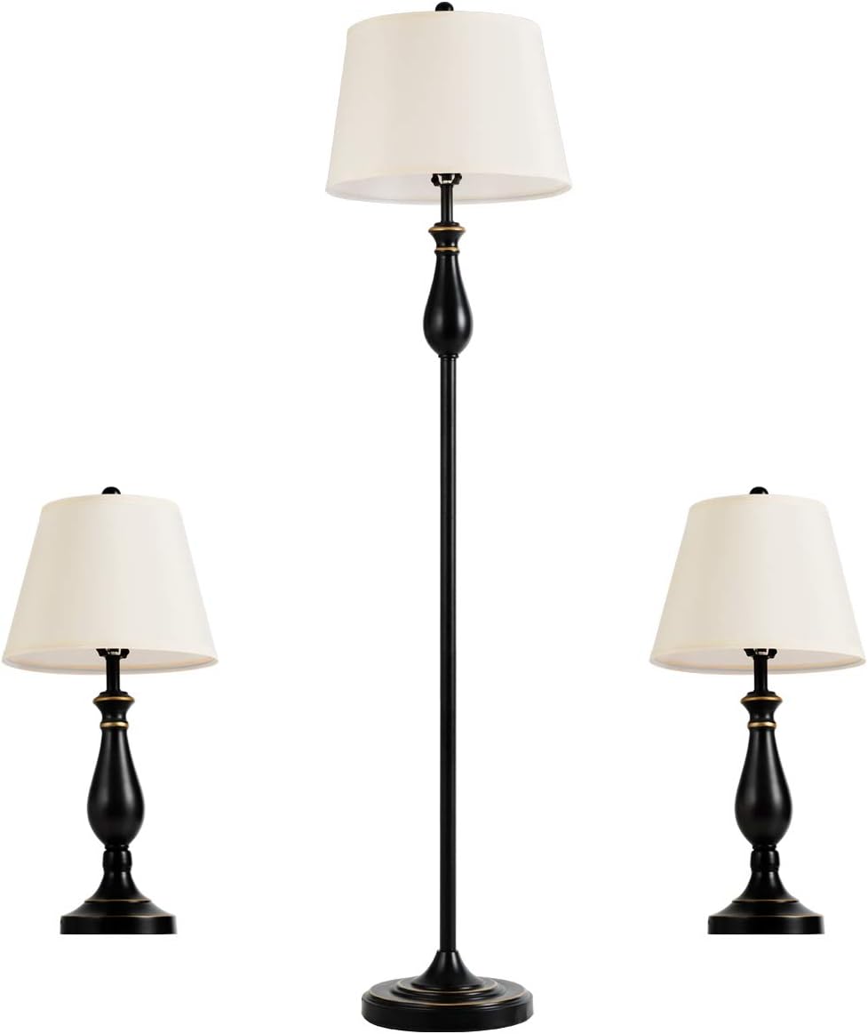 3 Pack Metal Table and Floor Lamp Set with Fabric Shade A2120
