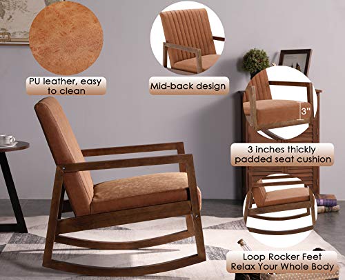 Leather Rocking Chair with Padded Seat Wood Frame Dark Brown PU F7134