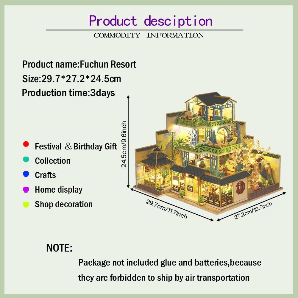 Miniature Three-Storey Villa Dolls House, Wooden Furniture, DIY Dollhouse Kit with LED B66689