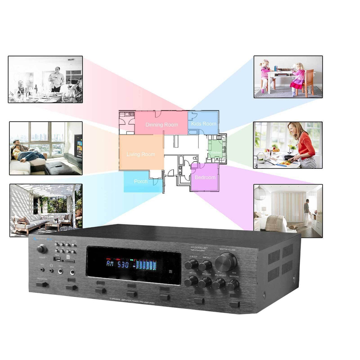 Digital Hybrid Amplifier Preamp & Tuner with 12 Speaker T1824