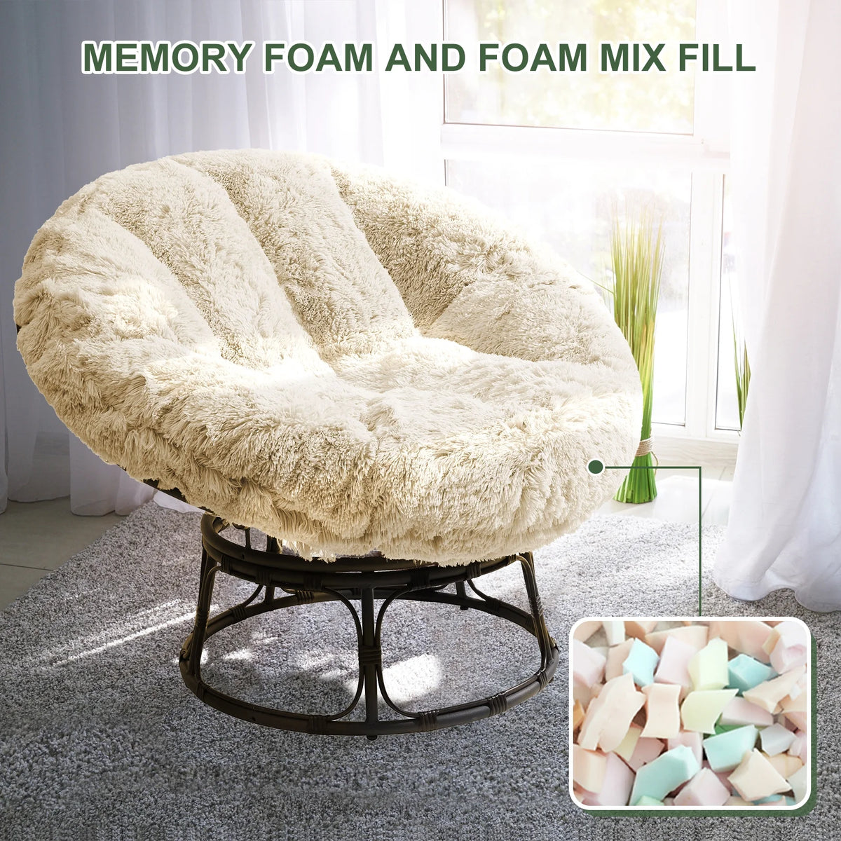 White 48X48 Inch Papasan Chair Cushion with Faux Fur Cover V4901