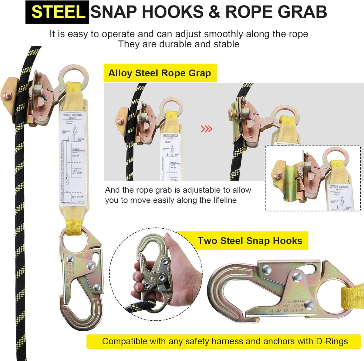 50 ft Vertical Lifeline Rope Assembly with Rope Grab Snap Hooks P8987