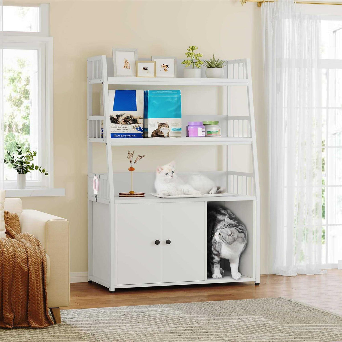 Cat Litter Box Enclosure with Storage Shelves Wooden Hidden Cat Cabinet J45483