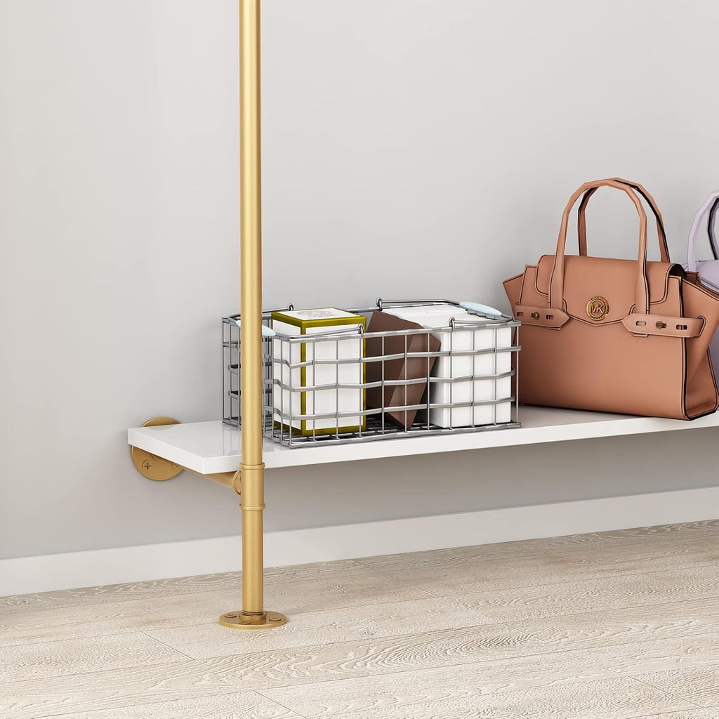 Industrial Pipe Clothing Rack with 2-tier Wooden Shelves Gold R6289