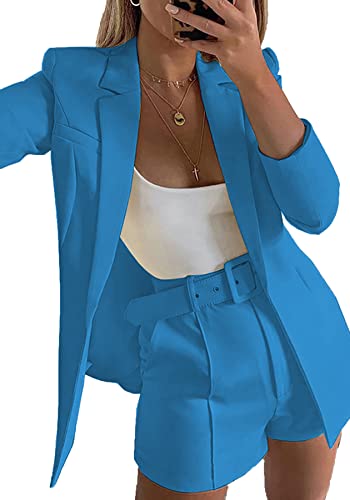 2 Piece Long Sleeve Open Front Blazer Short Suits with Belt D4874