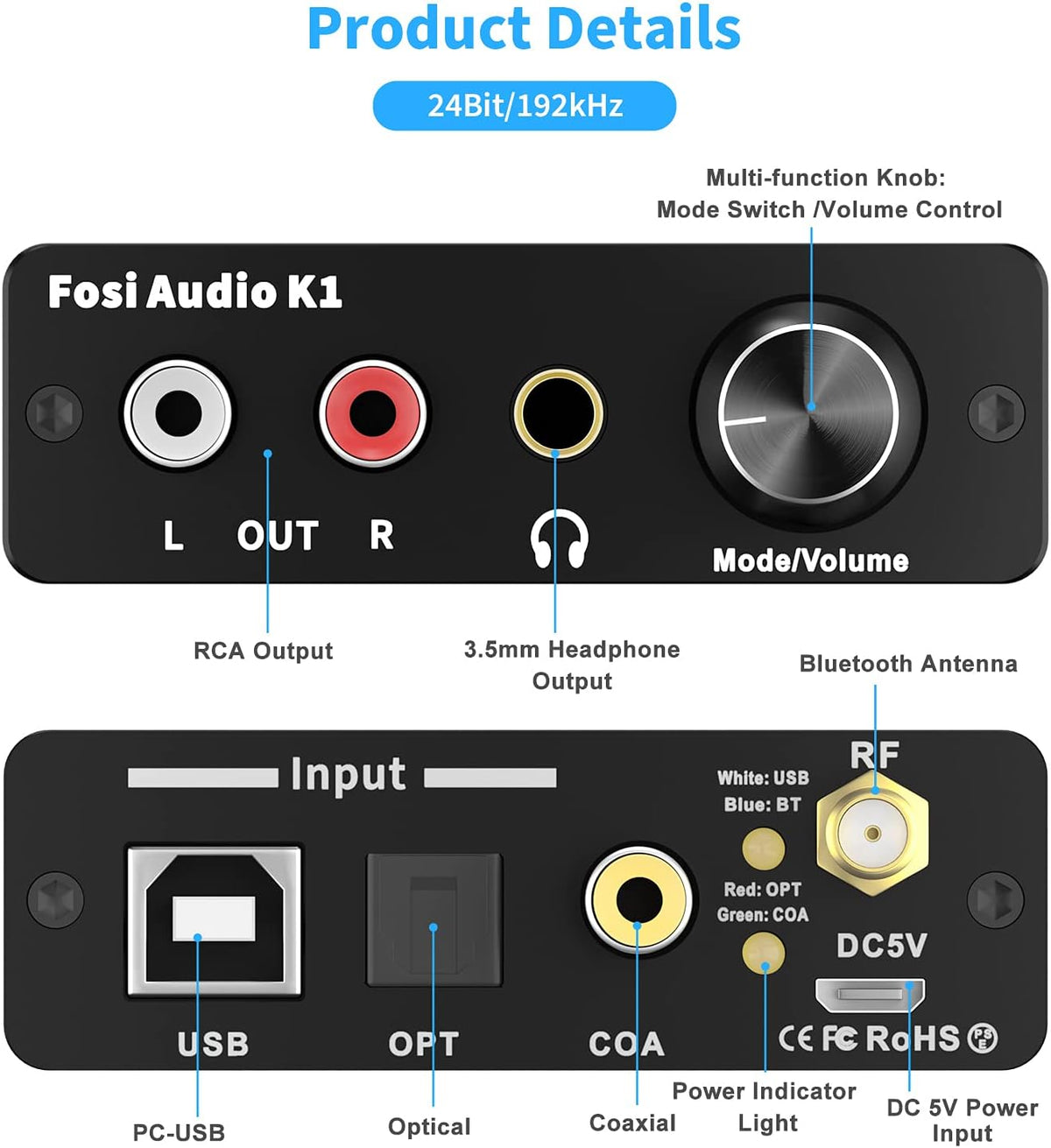 Bluetooth 5.0 DAC Headphone Amplifier 24-Bit 192 KHz USB Optical Coaxial to RCA Converter V99864