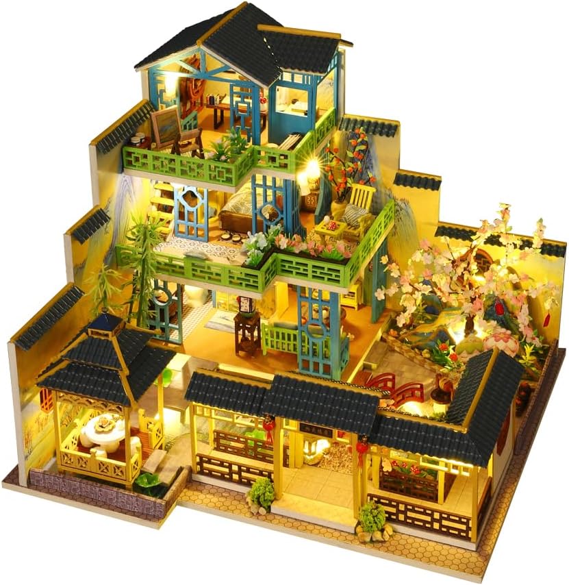 Miniature Three-Storey Villa Dolls House, Wooden Furniture, DIY Dollhouse Kit with LED B66689