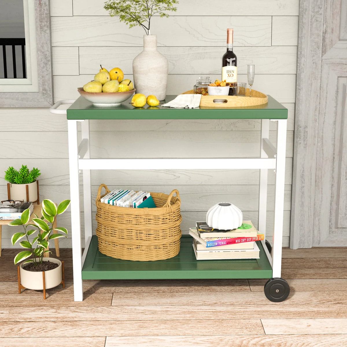 Outdoor Dining Cart Table Aluminum Grill Table with Wheels H46446