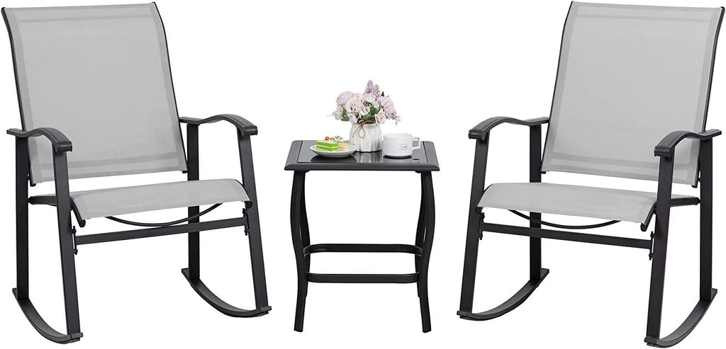 3 Piece Rocking Bistro Set with Glass Coffee Table Light Gray R20175