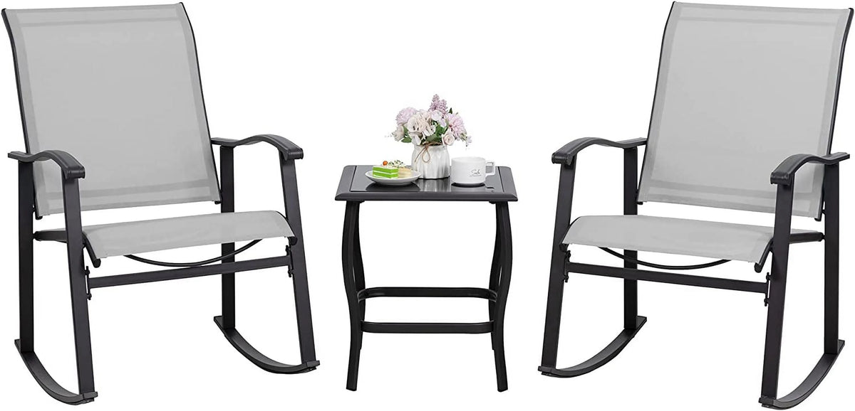 3 Piece Rocking Bistro Set with Glass Coffee Table Light Gray R20175