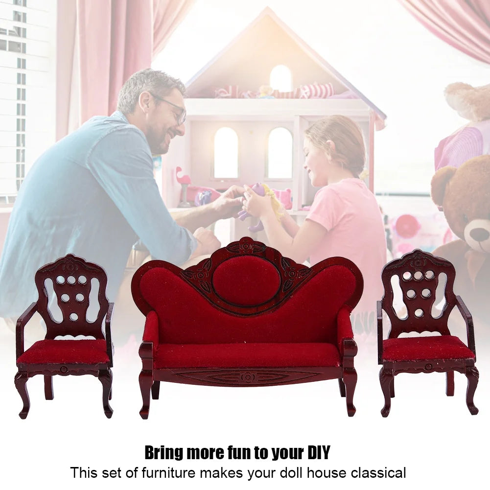 Red Wooden Dollhouse Sofa Chair Set S147