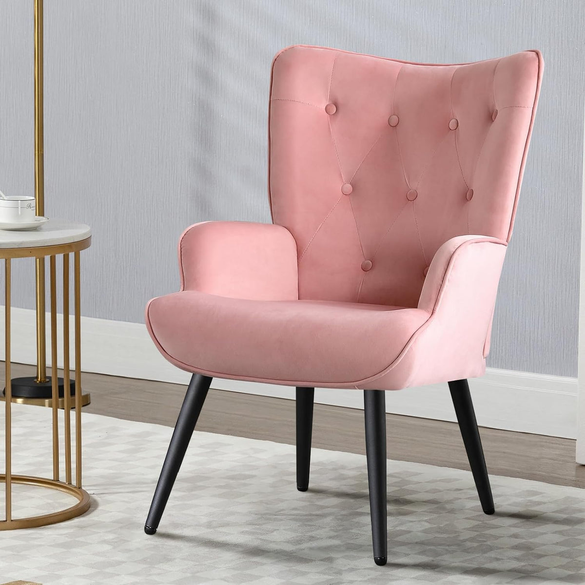 Pink Velvet Tufted Wingback Accent Chair with Solid Metal Legs C27719