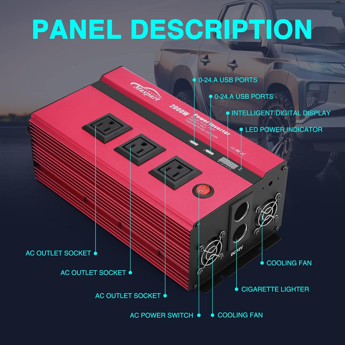 2000W Power Inverter 12v to 110v AC to DC Converter with 3 AC Outlets and USB Charging Port W6750