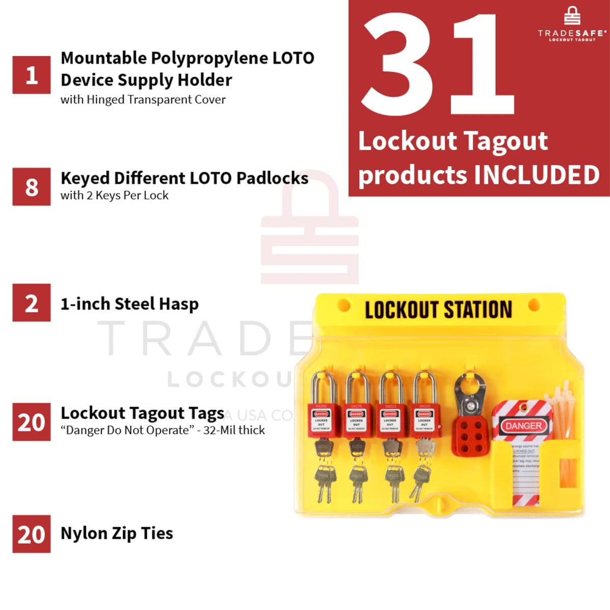 LOTO Lockout Tagout Station with 8 Pack Safety Lock Set, 2 Hasps, 20 Tags S432078