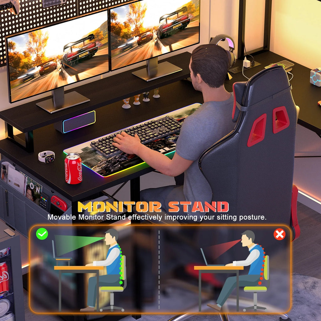 L Shaped Computer Desk with Power Outlets & LED Lights Y340397