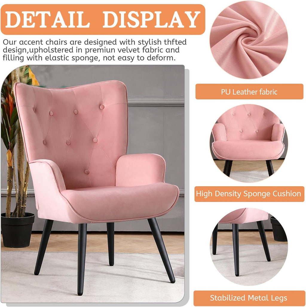 Pink Velvet Tufted Wingback Accent Chair with Solid Metal Legs C27719