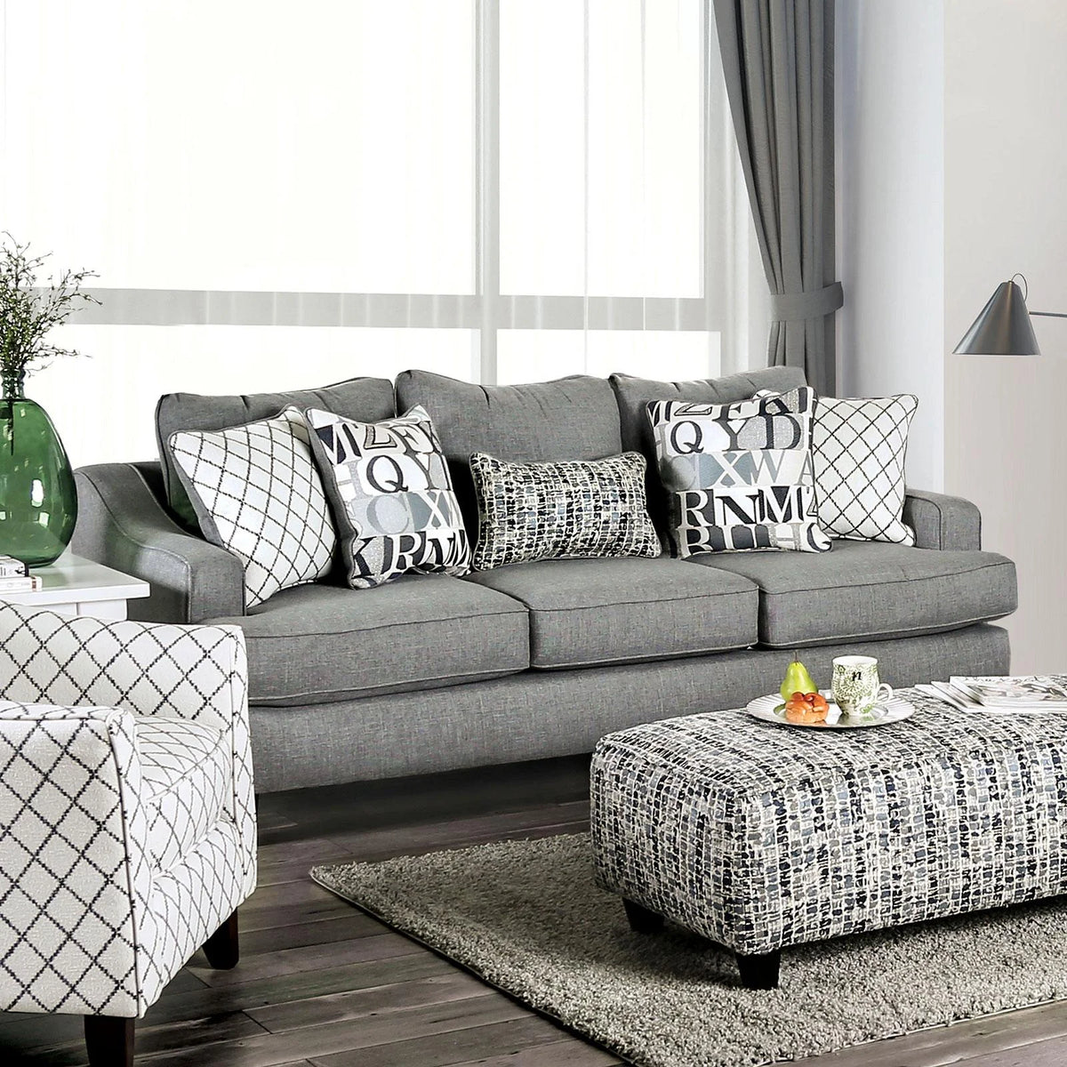 Bluish Gray Linen-like Fabric Living Room Set 3pcs M5478