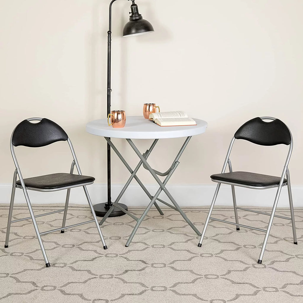 2 Pack Black Vinyl Metal Folding Chair with Carrying Handle L476406