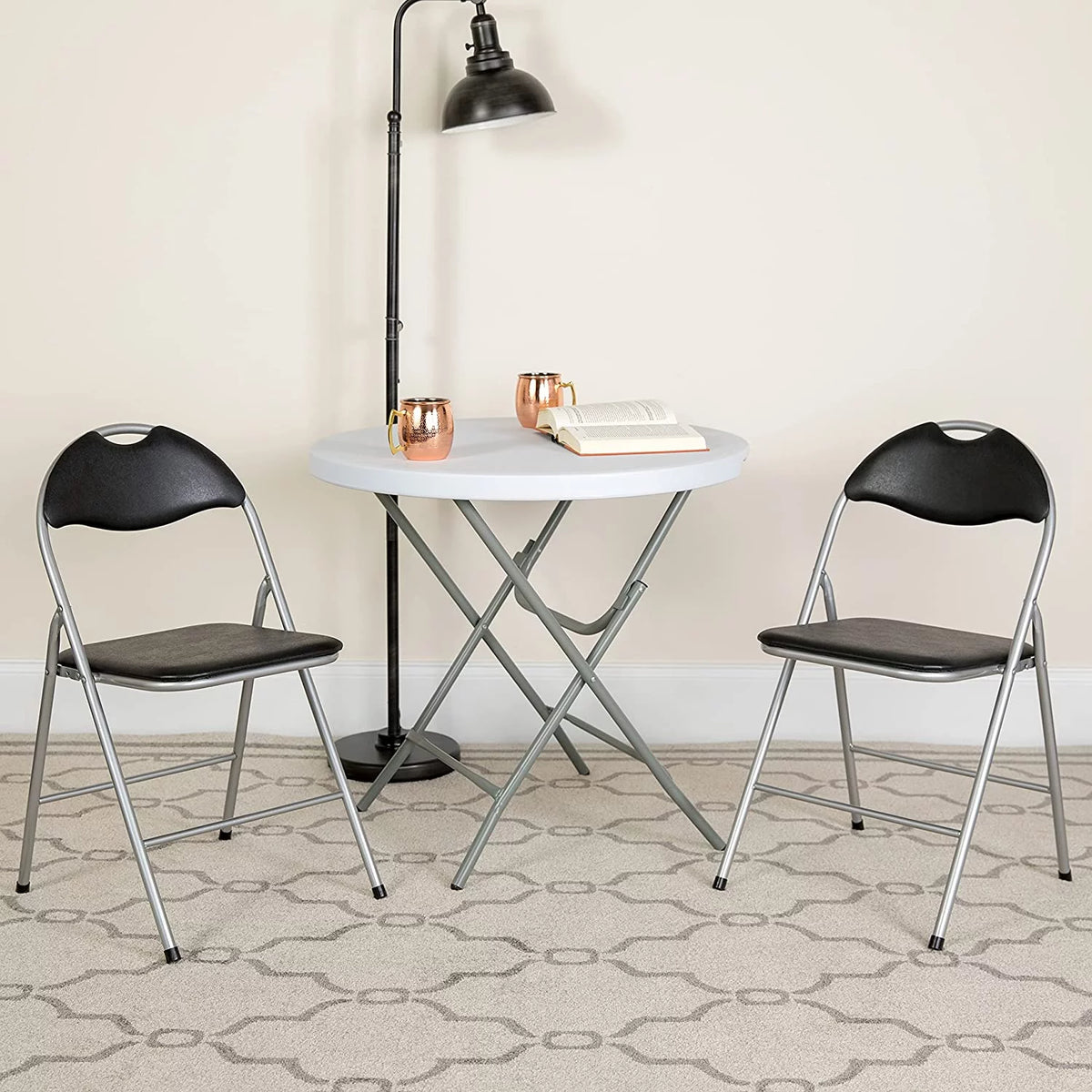 2 Pack Black Vinyl Metal Folding Chair with Carrying Handle L476406