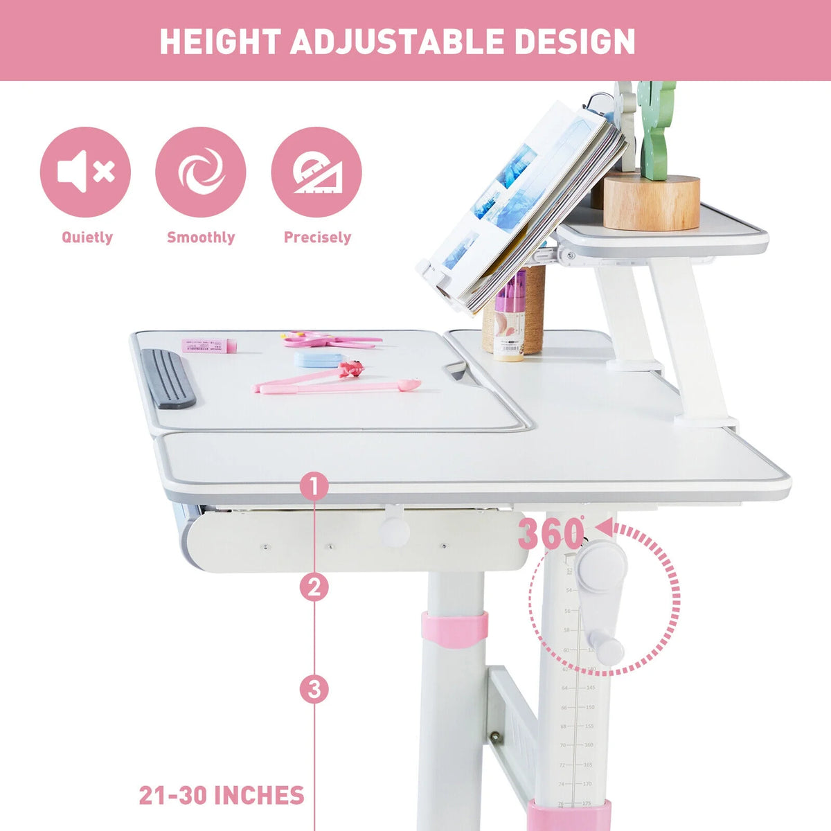 Pink Kids Study Desk and Chair Set with Writing Board, Drawer, Bookstand Y9929