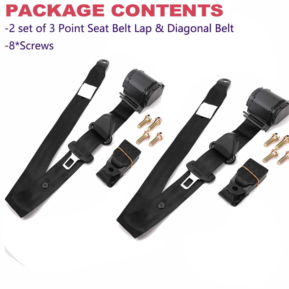 2 Pack Universal 3 Point Retractable Car Seat Belt, Black D387