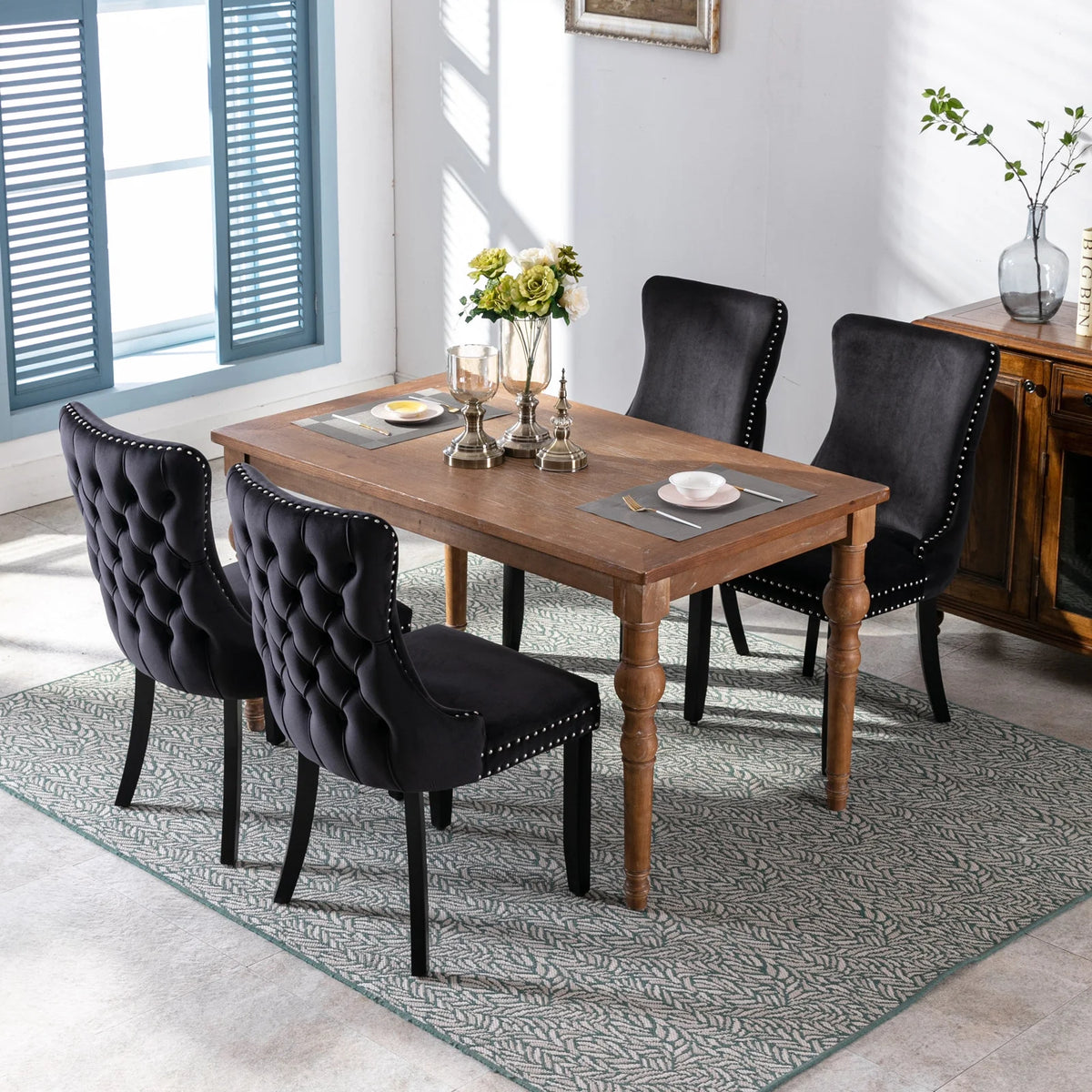 Black Velvet Upholstered Dining Chairs Set of 2 Solid Wood Wing Back Accent Chairs H29852